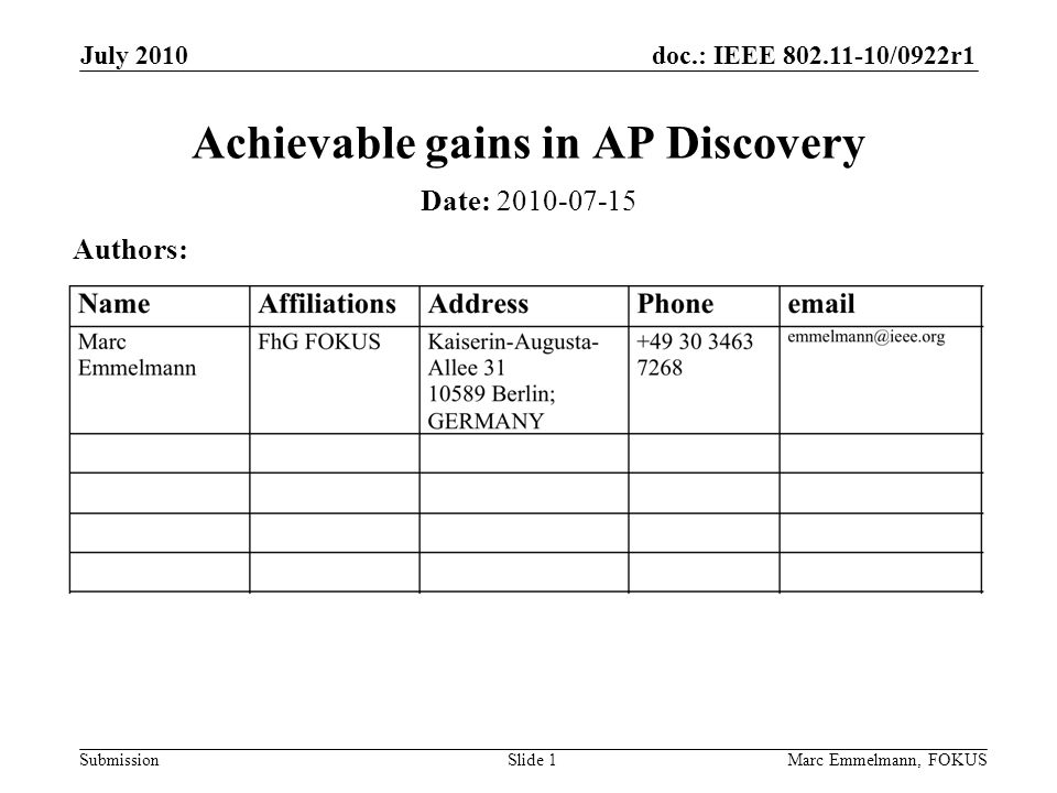 doc.: IEEE /0922r1 Submission July 2010 Marc Emmelmann, FOKUSSlide 1 Achievable gains in AP Discovery Date: Authors: