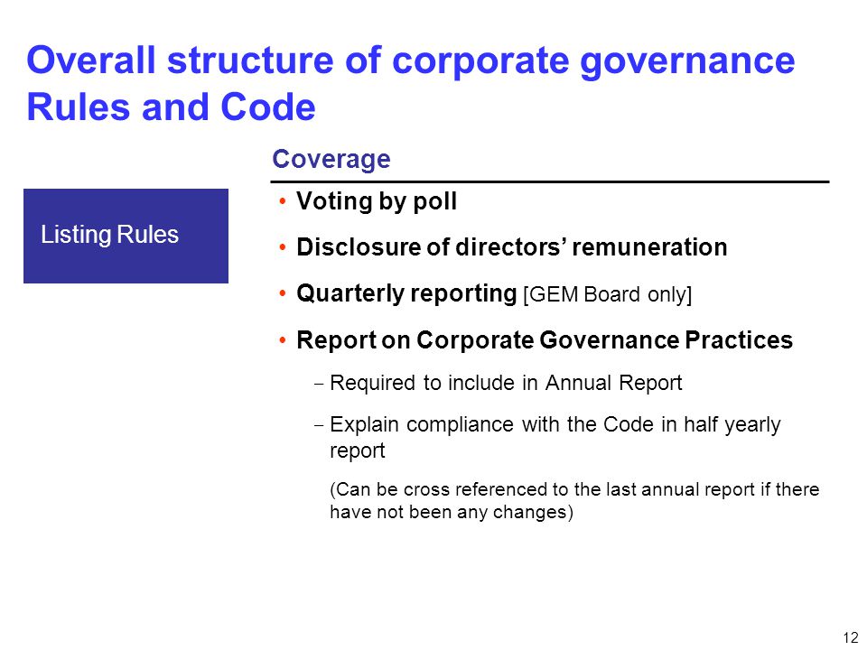 12 Overall structure of corporate governance Rules and Code Voting by poll Disclosure of directors’ remuneration Quarterly reporting [GEM Board only] Report on Corporate Governance Practices ­ Required to include in Annual Report ­ Explain compliance with the Code in half yearly report (Can be cross referenced to the last annual report if there have not been any changes) Listing Rules Coverage