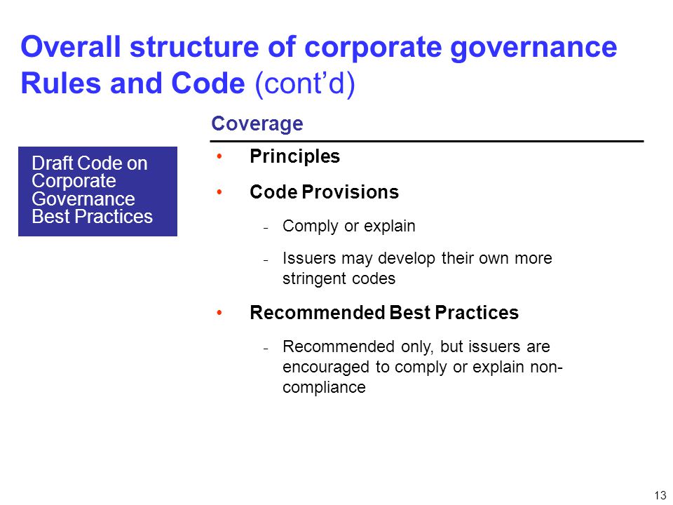 13 Overall structure of corporate governance Rules and Code (cont’d) Coverage Draft Code on Corporate Governance Best Practices Principles Code Provisions ­ Comply or explain ­ Issuers may develop their own more stringent codes Recommended Best Practices ­ Recommended only, but issuers are encouraged to comply or explain non- compliance