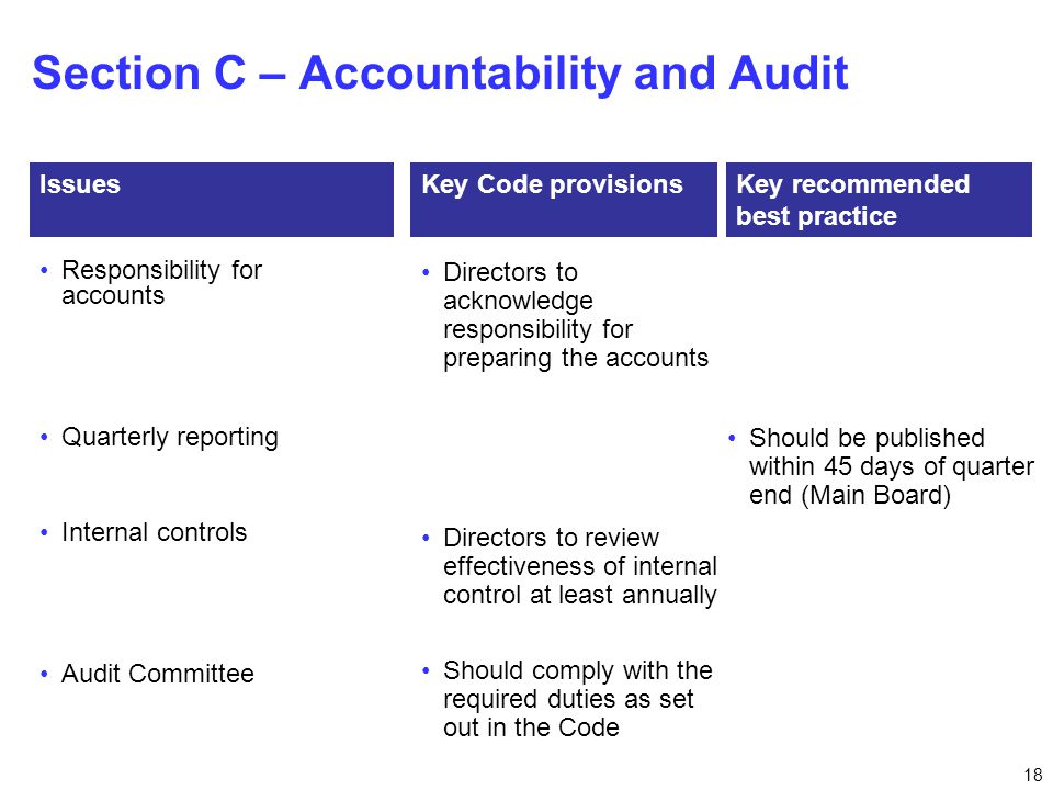 18 Section C – Accountability and Audit Responsibility for accounts Quarterly reporting Internal controls Audit Committee IssuesKey Code provisionsKey recommended best practice Directors to acknowledge responsibility for preparing the accounts Should be published within 45 days of quarter end (Main Board) Directors to review effectiveness of internal control at least annually Should comply with the required duties as set out in the Code