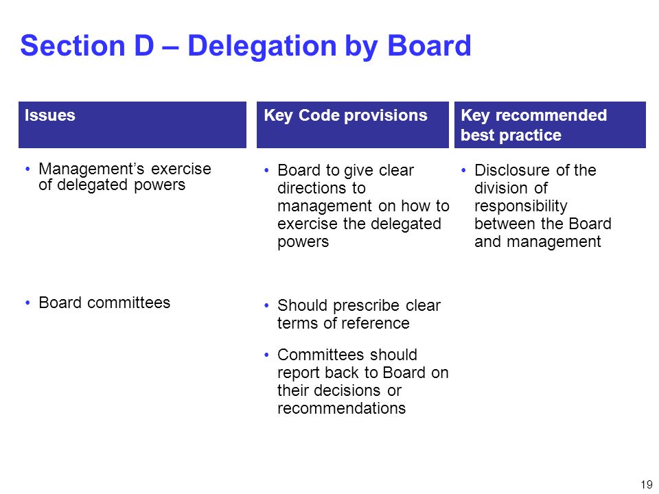 19 Section D – Delegation by Board Management’s exercise of delegated powers Board committees IssuesKey Code provisionsKey recommended best practice Board to give clear directions to management on how to exercise the delegated powers Disclosure of the division of responsibility between the Board and management Should prescribe clear terms of reference Committees should report back to Board on their decisions or recommendations