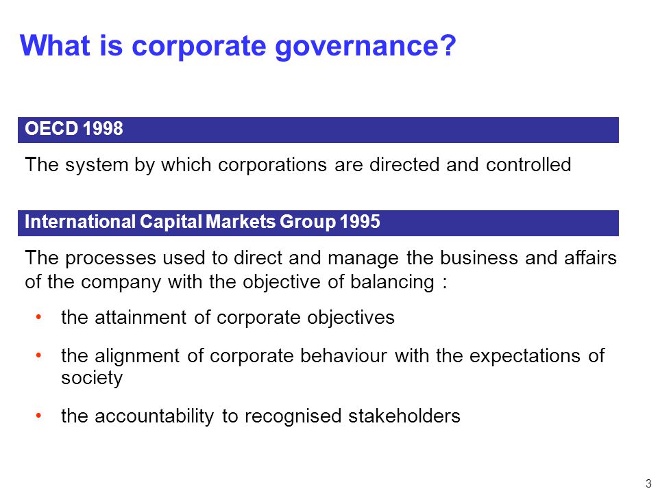 3 What is corporate governance.