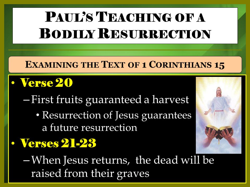 Verse 20 – First fruits guaranteed a harvest Resurrection of Jesus guarantees a future resurrection Verses – When Jesus returns, the dead will be raised from their graves P AUL ’ S T EACHING OF A B ODILY R ESURRECTION E XAMINING THE T EXT OF 1 C ORINTHIANS 15