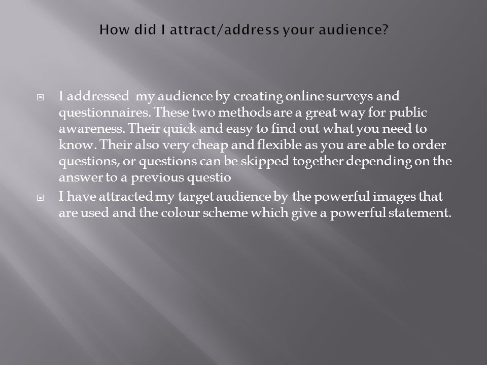  I addressed my audience by creating online surveys and questionnaires.