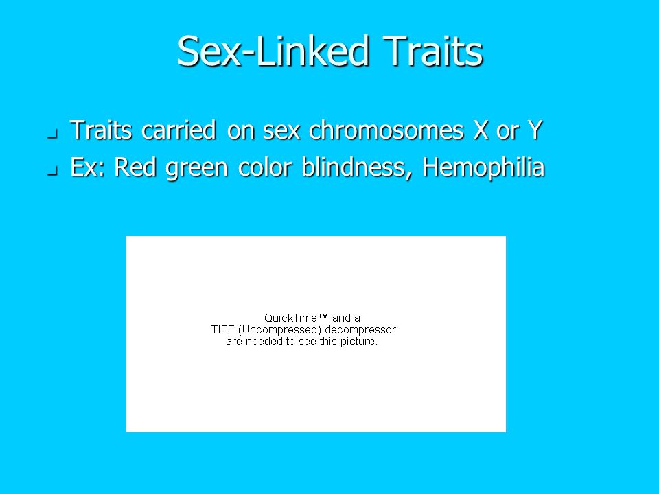 Sex-Linked Traits Traits carried on sex chromosomes X or Y Traits carried on sex chromosomes X or Y Ex: Red green color blindness, Hemophilia Ex: Red green color blindness, Hemophilia