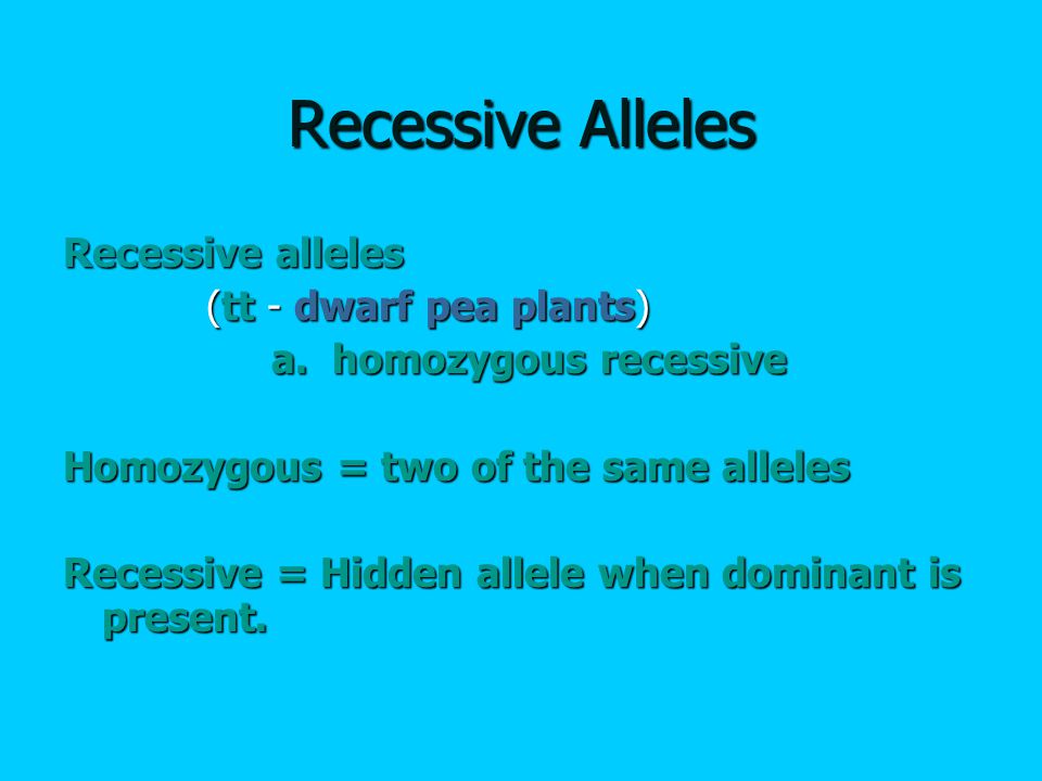 Recessive Alleles Recessive alleles (tt - dwarf pea plants) (tt - dwarf pea plants) a.