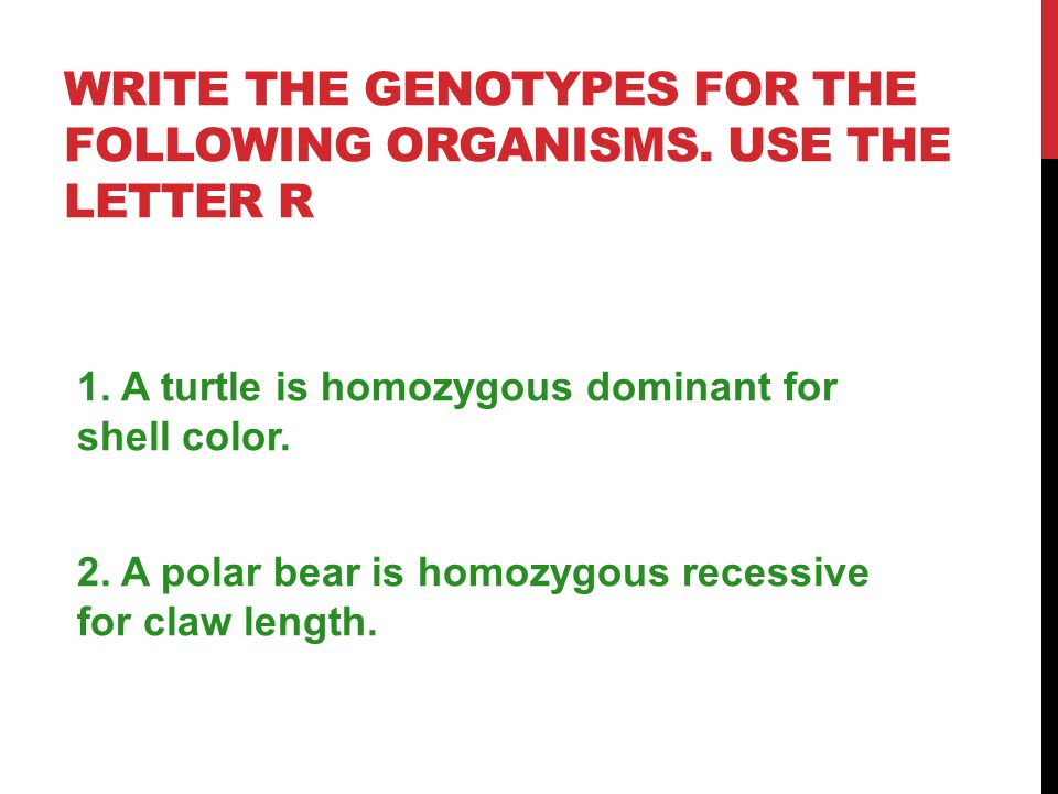 WRITE THE GENOTYPES FOR THE FOLLOWING ORGANISMS. USE THE LETTER R 1.