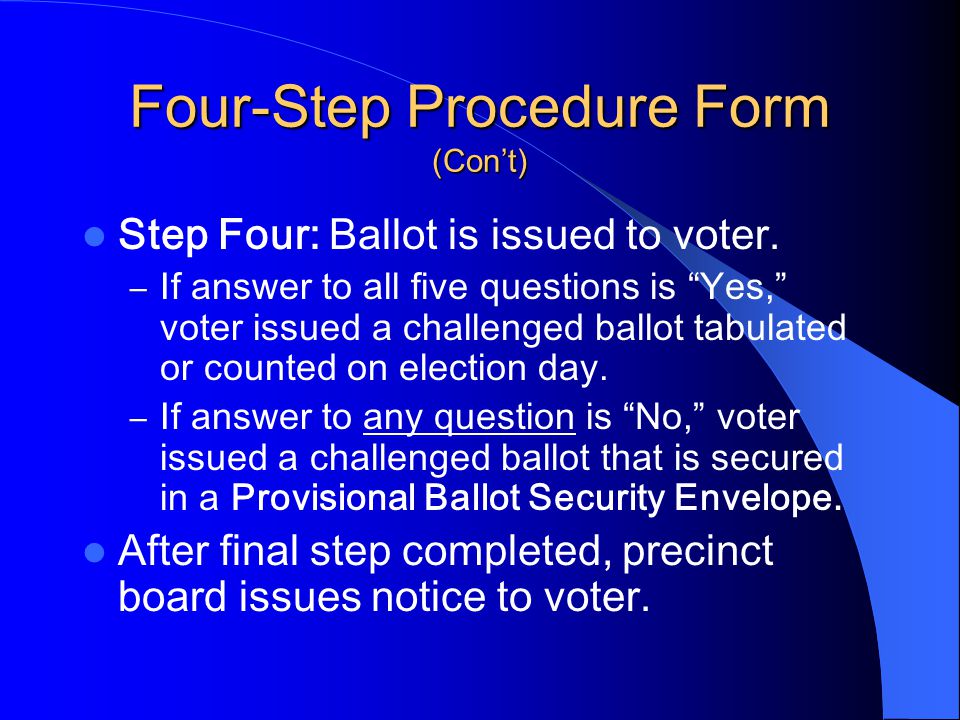 Four-Step Procedure Form (Con’t) Step Four: Ballot is issued to voter.
