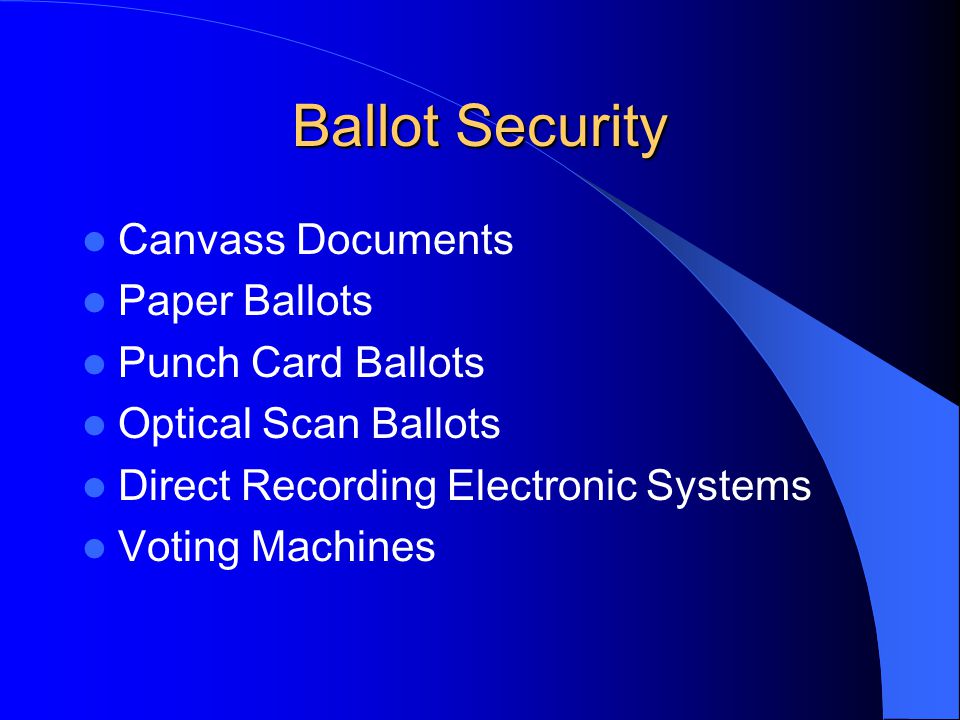 Ballot Security Canvass Documents Paper Ballots Punch Card Ballots Optical Scan Ballots Direct Recording Electronic Systems Voting Machines