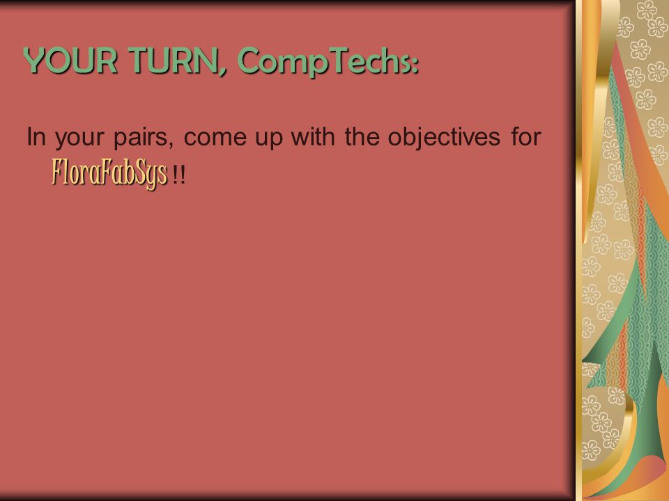 YOUR TURN, CompTechs: FloraFabSys In your pairs, come up with the objectives for FloraFabSys !!