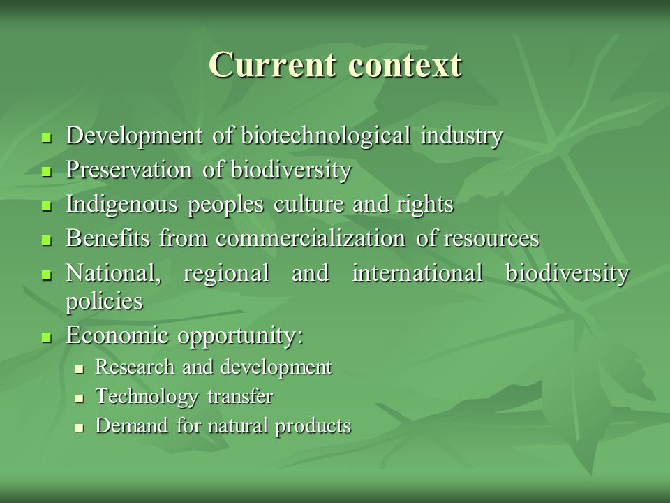 Current context Development of biotechnological industry Development of biotechnological industry Preservation of biodiversity Preservation of biodiversity Indigenous peoples culture and rights Indigenous peoples culture and rights Benefits from commercialization of resources Benefits from commercialization of resources National, regional and international biodiversity policies National, regional and international biodiversity policies Economic opportunity: Economic opportunity: Research and development Research and development Technology transfer Technology transfer Demand for natural products Demand for natural products