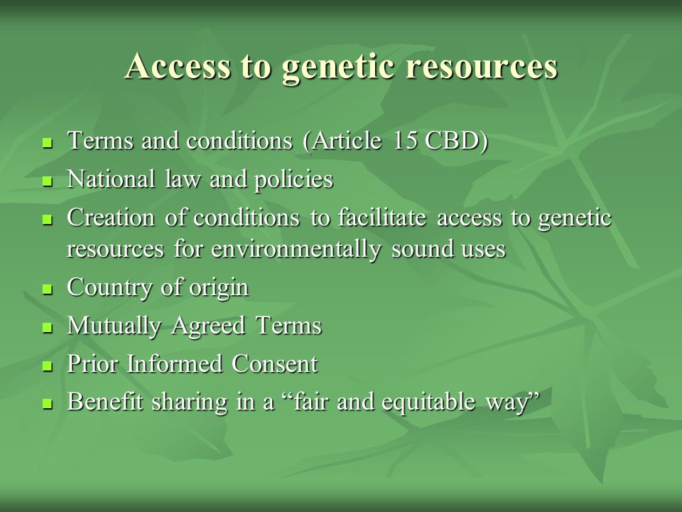 Access to genetic resources Terms and conditions (Article 15 CBD) Terms and conditions (Article 15 CBD) National law and policies National law and policies Creation of conditions to facilitate access to genetic resources for environmentally sound uses Creation of conditions to facilitate access to genetic resources for environmentally sound uses Country of origin Country of origin Mutually Agreed Terms Mutually Agreed Terms Prior Informed Consent Prior Informed Consent Benefit sharing in a fair and equitable way Benefit sharing in a fair and equitable way