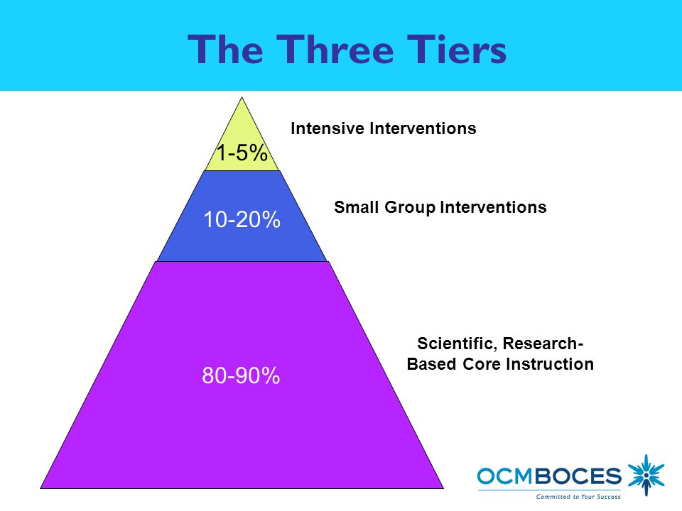 The Three Tiers Intensive Interventions Small Group Interventions Scientific, Research- Based Core Instruction 1-5% 10-20% 80-90%