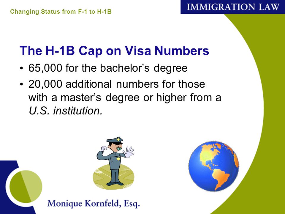 The H-1B Cap on Visa Numbers 65,000 for the bachelor’s degree 20,000 additional numbers for those with a master’s degree or higher from a U.S.