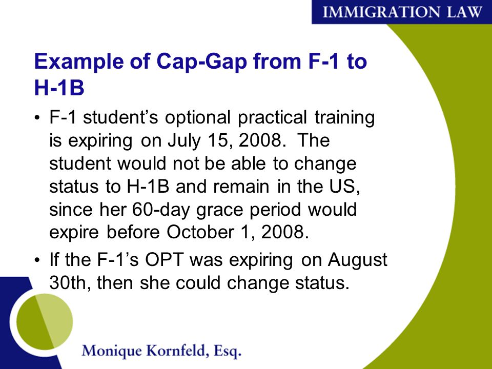 Example of Cap-Gap from F-1 to H-1B F-1 student’s optional practical training is expiring on July 15, 2008.