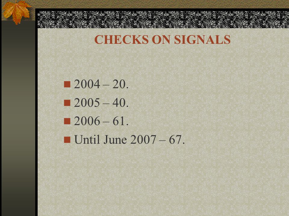 CHECKS ON SIGNALS 2004 – – – 61. Until June 2007 – 67.