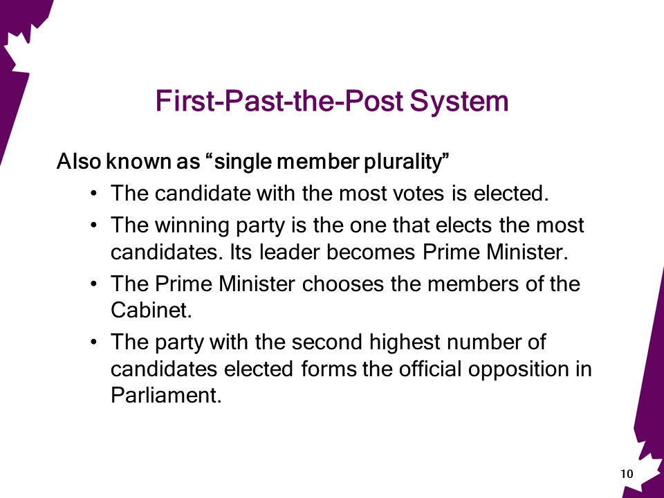 First-Past-the-Post System Also known as single member plurality The candidate with the most votes is elected.