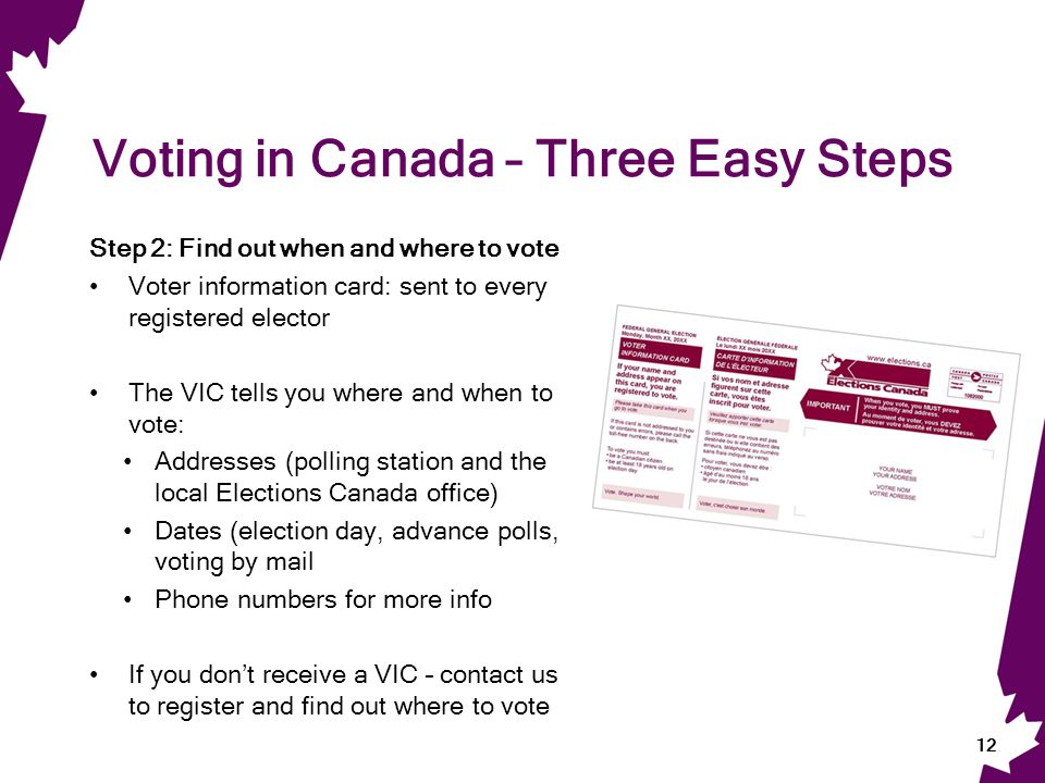 Voting in Canada – Three Easy Steps Step 2: Find out when and where to vote Voter information card: sent to every registered elector The VIC tells you where and when to vote: Addresses (polling station and the local Elections Canada office) Dates (election day, advance polls, voting by mail Phone numbers for more info If you don’t receive a VIC – contact us to register and find out where to vote 12