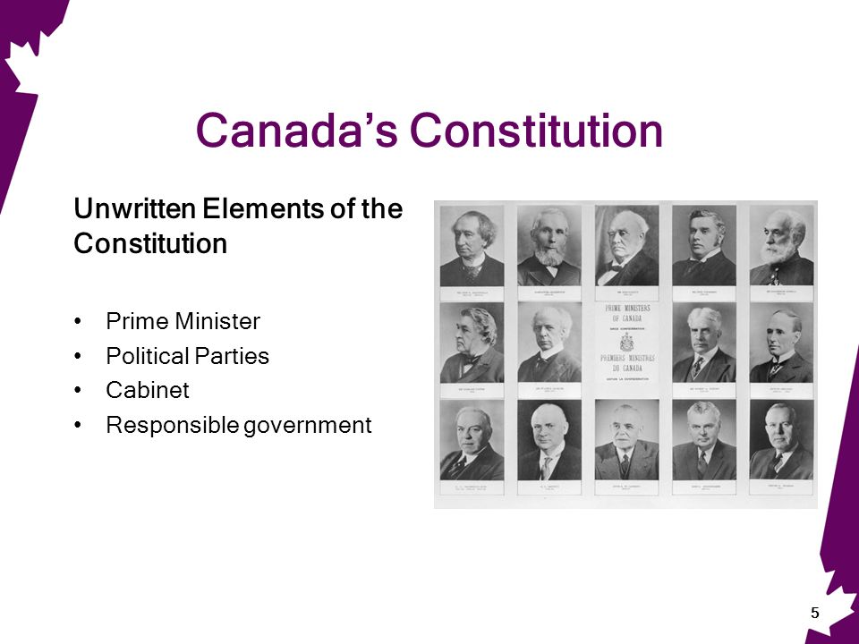 Canada’s Constitution Unwritten Elements of the Constitution Prime Minister Political Parties Cabinet Responsible government 5