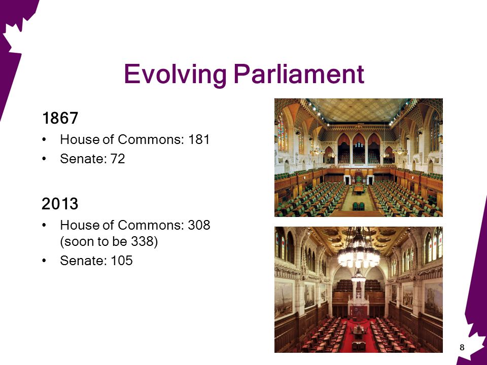Evolving Parliament 1867 House of Commons: 181 Senate: House of Commons: 308 (soon to be 338) Senate: 105 8