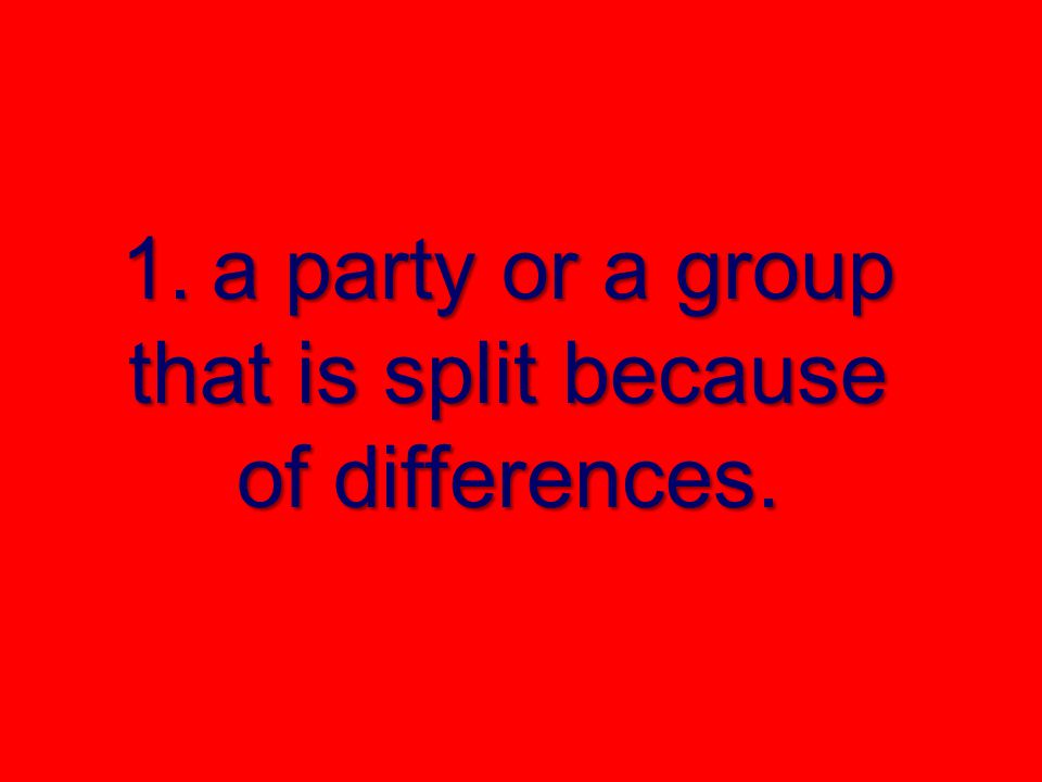 1. a party or a group that is split because of differences.