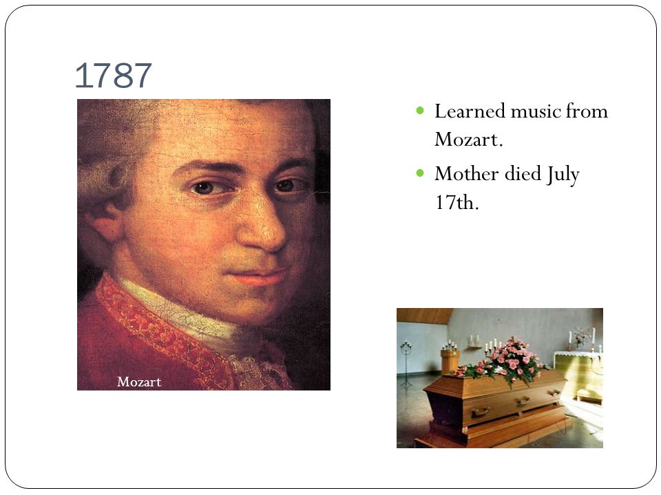 1787 Learned music from Mozart. Mother died July 17th. Mozart