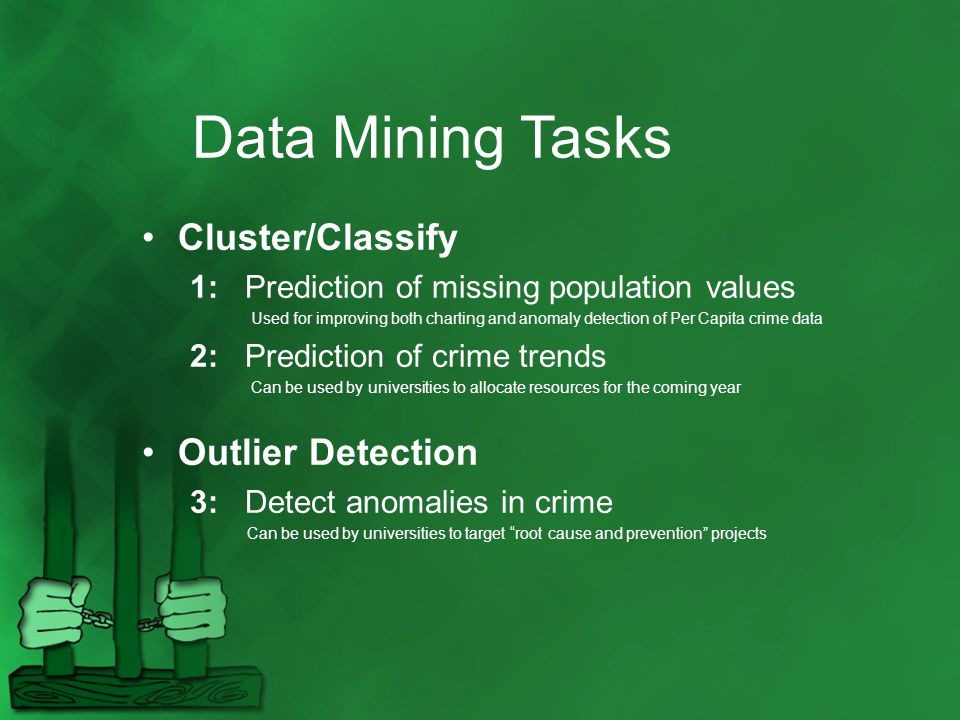 Data Mining Tasks Cluster/Classify 1: Prediction of missing population values Used for improving both charting and anomaly detection of Per Capita crime data 2: Prediction of crime trends Can be used by universities to allocate resources for the coming year Outlier Detection 3: Detect anomalies in crime Can be used by universities to target root cause and prevention projects