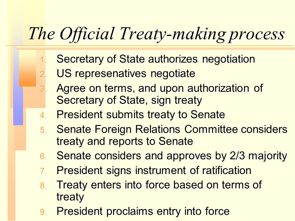 The Official Treaty-making process 1. Secretary of State authorizes negotiation 2.