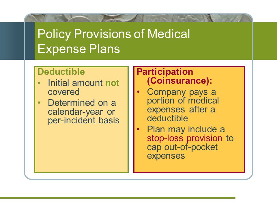 Policy Provisions of Medical Expense Plans Deductible Initial amount not covered Determined on a calendar-year or per-incident basis Participation (Coinsurance): Company pays a portion of medical expenses after a deductible Plan may include a stop-loss provision to cap out-of-pocket expenses