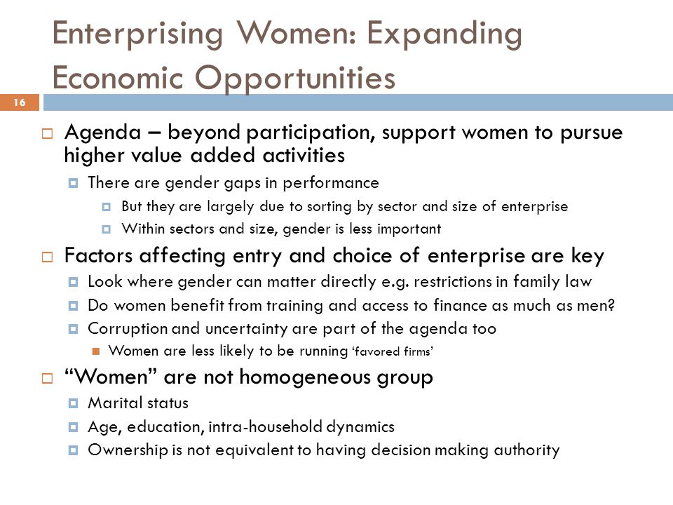 Enterprising Women: Expanding Economic Opportunities  Agenda – beyond participation, support women to pursue higher value added activities  There are gender gaps in performance  But they are largely due to sorting by sector and size of enterprise  Within sectors and size, gender is less important  Factors affecting entry and choice of enterprise are key  Look where gender can matter directly e.g.