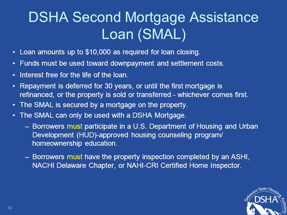 DSHA Second Mortgage Assistance Loan (SMAL) Loan amounts up to $10,000 as required for loan closing.