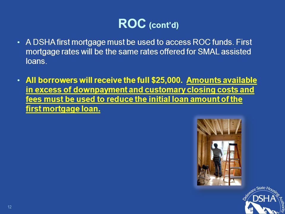 A DSHA first mortgage must be used to access ROC funds.