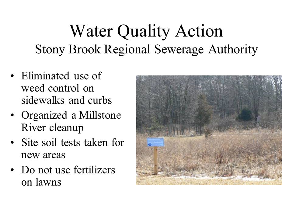 Water Quality Action Stony Brook Regional Sewerage Authority Eliminated use of weed control on sidewalks and curbs Organized a Millstone River cleanup Site soil tests taken for new areas Do not use fertilizers on lawns