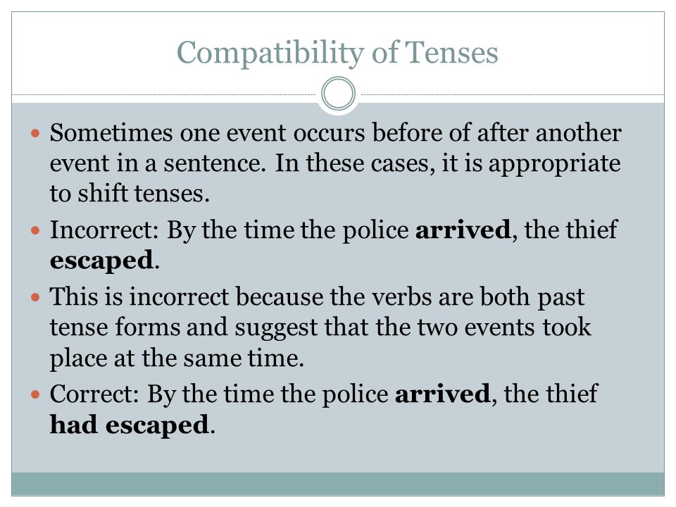 Compatibility of Tenses Sometimes one event occurs before of after another event in a sentence.