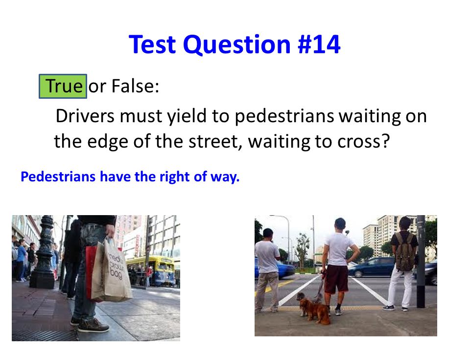 Test Question #14 True or False: Drivers must yield to pedestrians waiting on the edge of the street, waiting to cross.