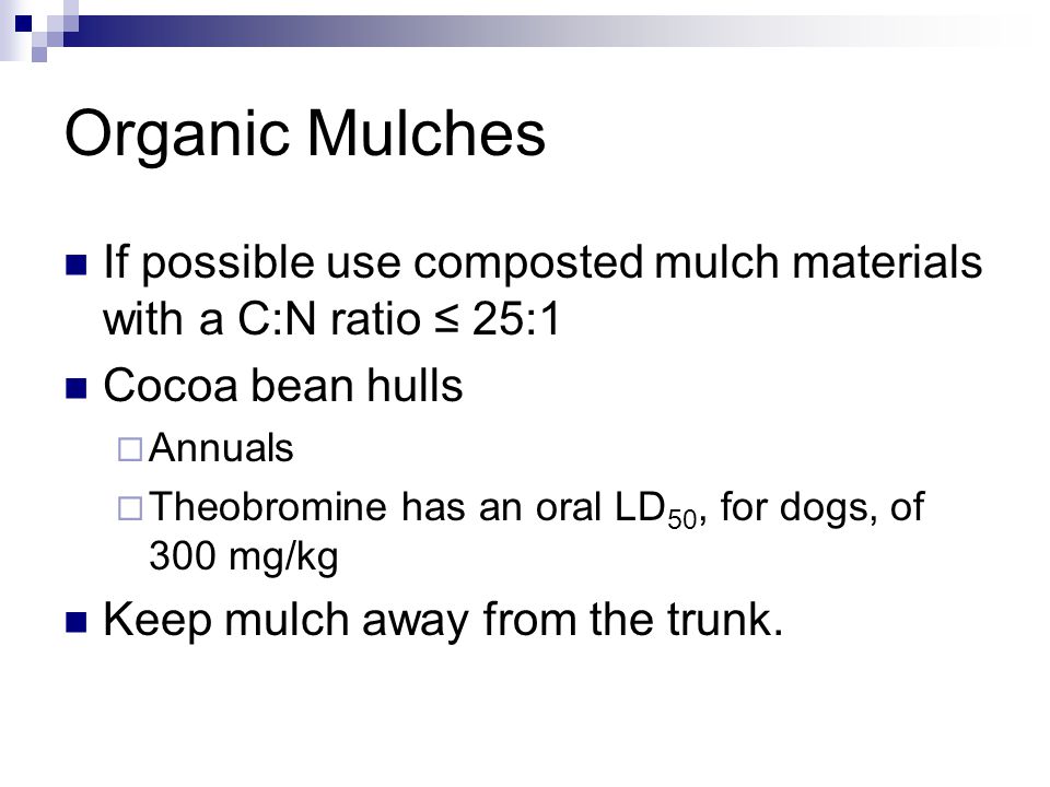 Organic Mulches If possible use composted mulch materials with a C:N ratio ≤ 25:1 Cocoa bean hulls  Annuals  Theobromine has an oral LD 50, for dogs, of 300 mg/kg Keep mulch away from the trunk.