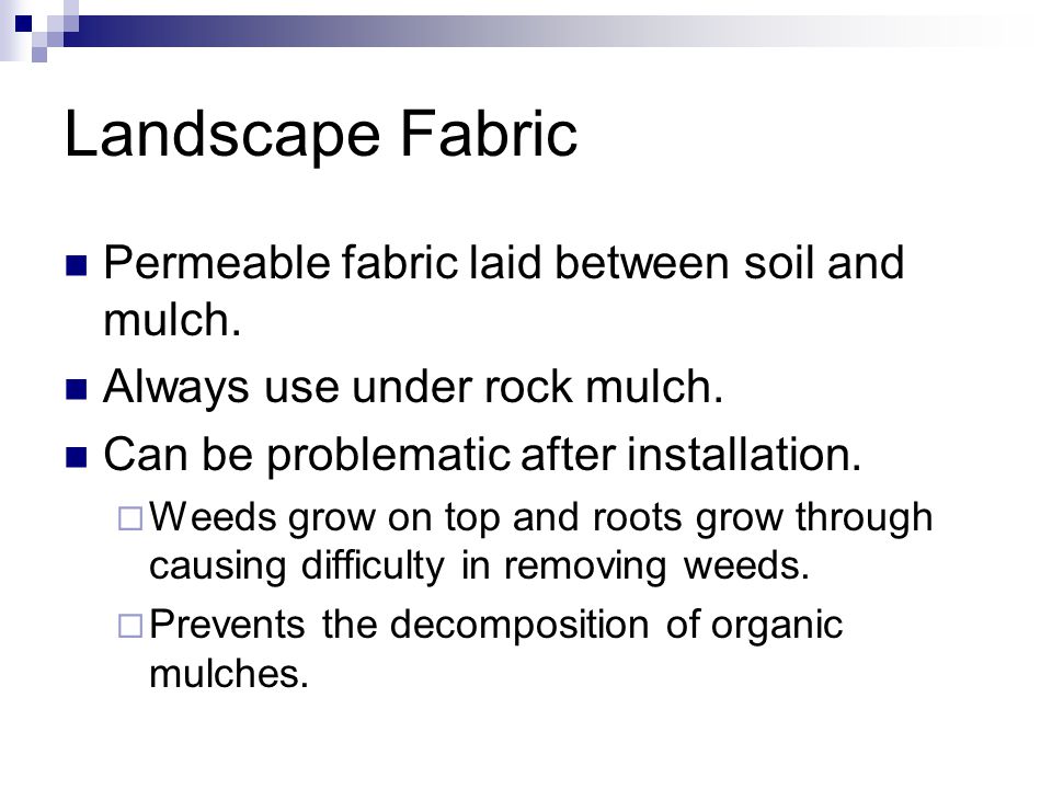 Landscape Fabric Permeable fabric laid between soil and mulch.