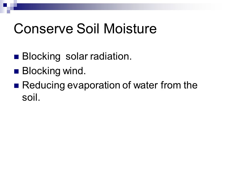 Conserve Soil Moisture Blocking solar radiation. Blocking wind.