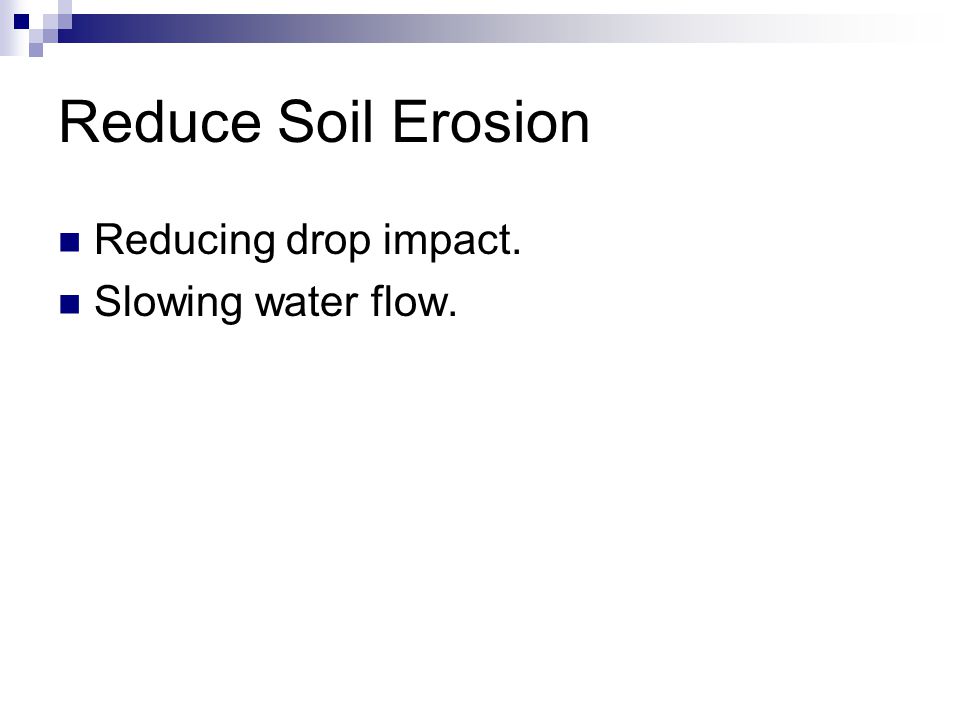Reduce Soil Erosion Reducing drop impact. Slowing water flow.