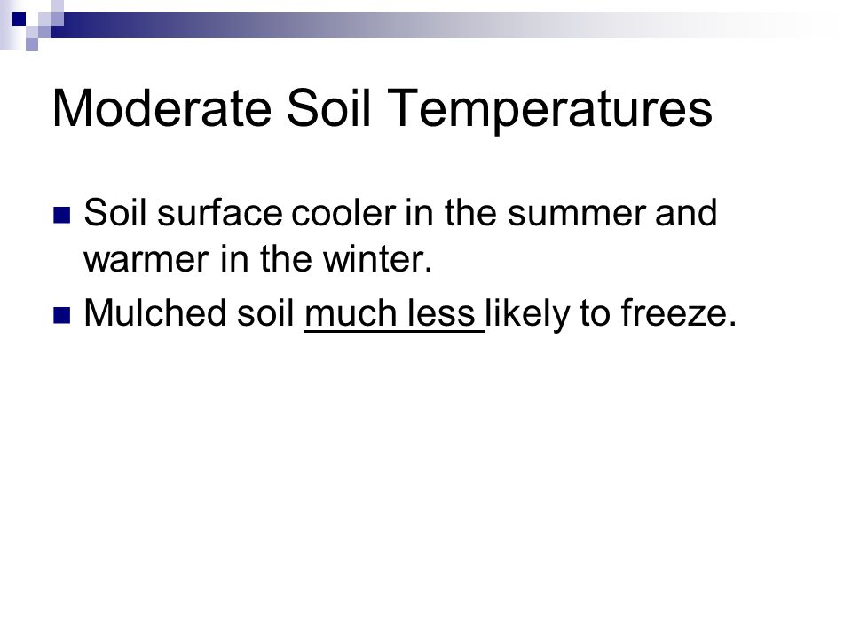 Moderate Soil Temperatures Soil surface cooler in the summer and warmer in the winter.