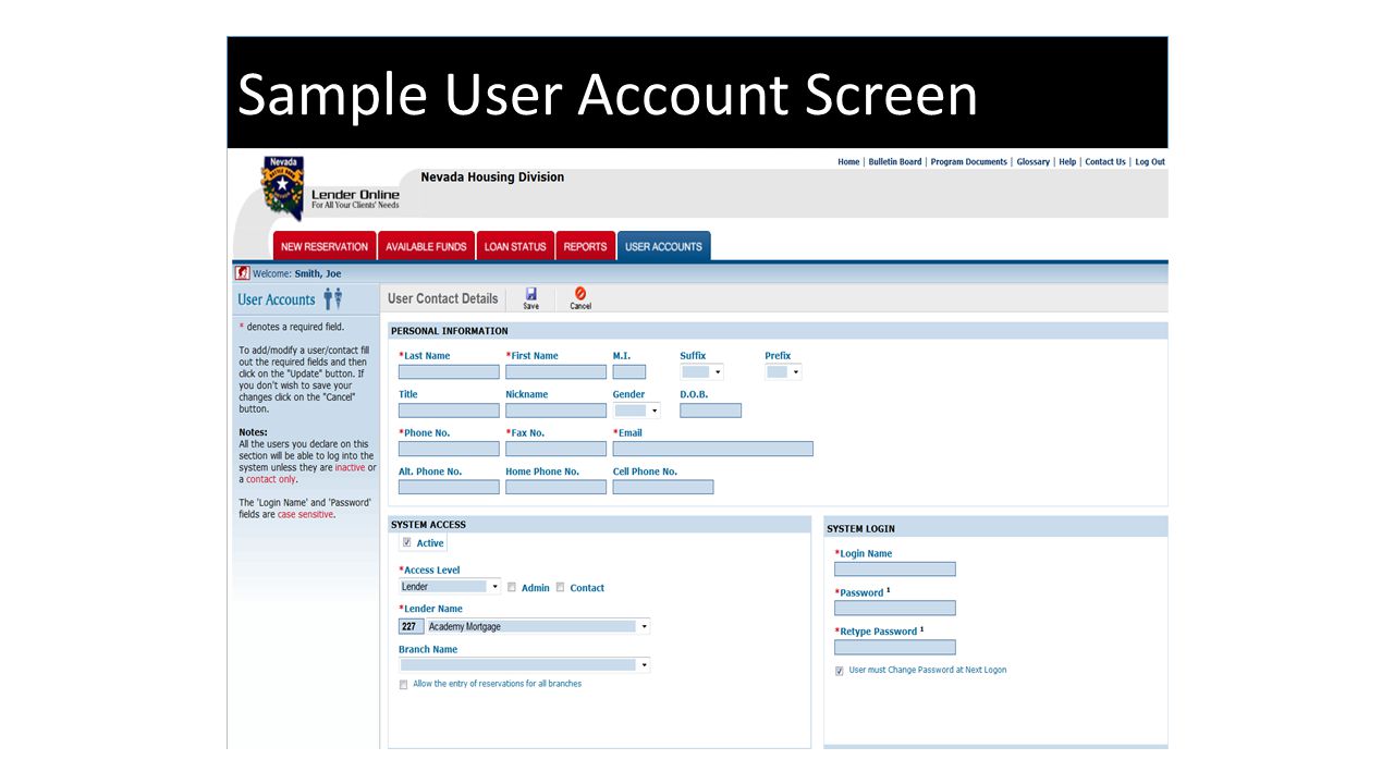 Sample User Account Screen
