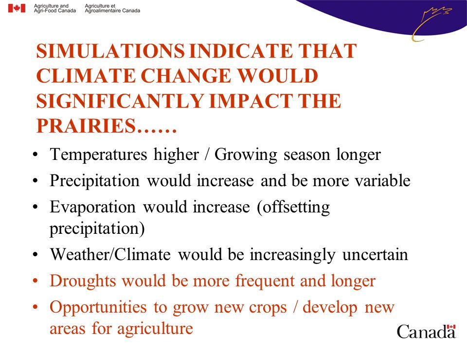 Temperatures higher / Growing season longer Precipitation would increase and be more variable Evaporation would increase (offsetting precipitation) Weather/Climate would be increasingly uncertain Droughts would be more frequent and longer Opportunities to grow new crops / develop new areas for agriculture SIMULATIONS INDICATE THAT CLIMATE CHANGE WOULD SIGNIFICANTLY IMPACT THE PRAIRIES……