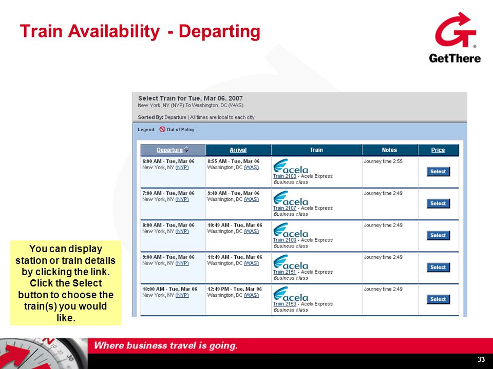 33 Train Availability - Departing You can display station or train details by clicking the link.