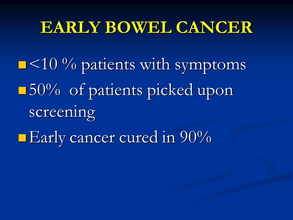 EARLY BOWEL CANCER <10 % patients with symptoms <10 % patients with symptoms 50% of patients picked upon screening 50% of patients picked upon screening Early cancer cured in 90% Early cancer cured in 90%