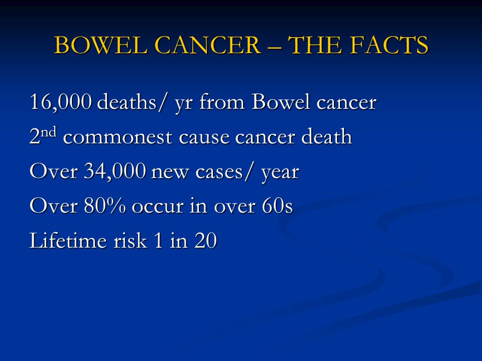 BOWEL CANCER – THE FACTS 16,000 deaths/ yr from Bowel cancer 2 nd commonest cause cancer death Over 34,000 new cases/ year Over 80% occur in over 60s Lifetime risk 1 in 20