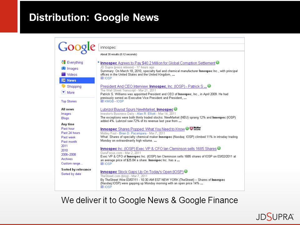 We deliver it to Google News & Google Finance Distribution: Google News