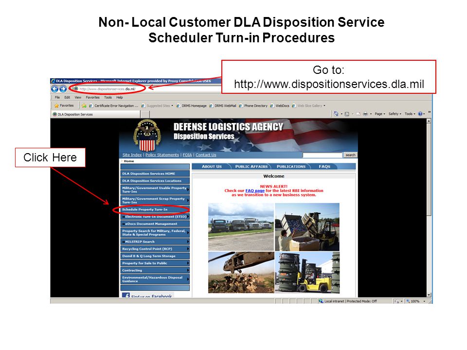 Click Here Go to:   Non- Local Customer DLA Disposition Service Scheduler Turn-in Procedures