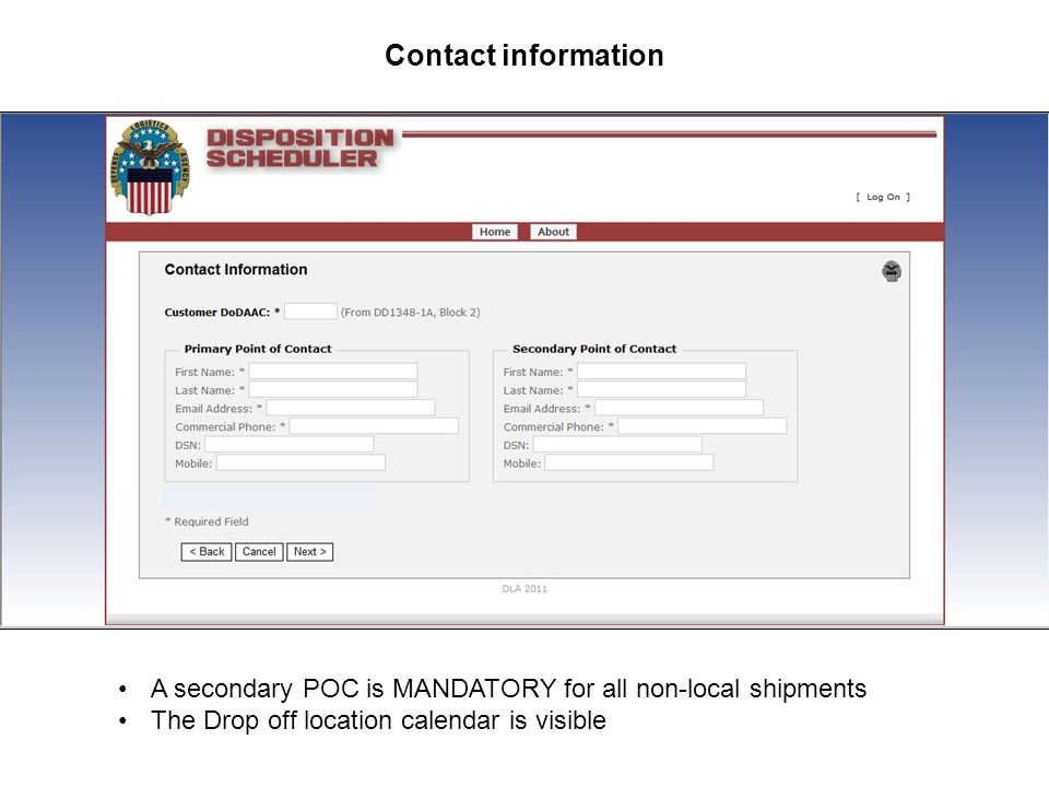 A secondary POC is MANDATORY for all non-local shipments The Drop off location calendar is visible Contact information