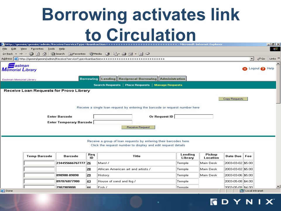 Dynix Confidential – Internal Use Only Borrowing activates link to Circulation