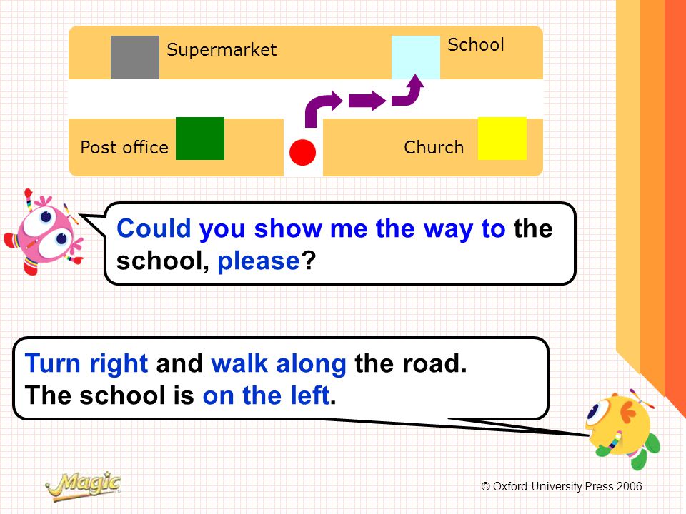 © Oxford University Press 2006 School Supermarket Post officeChurch Could you show me the way to the school, please.
